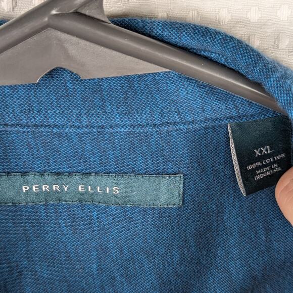 Perry Ellis XXL Blue Textured Short Sleeve Button Front Shirt 100% Cotton Men’s - Picture 2 of 3